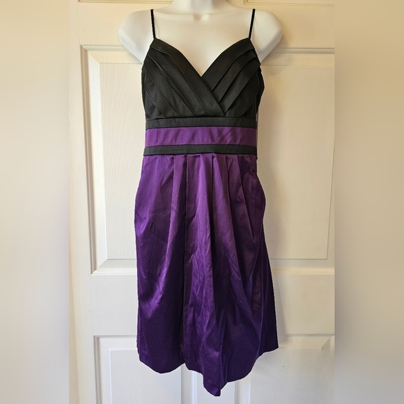 Trixxi Purple and‎ Black Satin Pleated Mini Dress With Pockets Bow Juniors Sz 9 - Picture 1 of 11